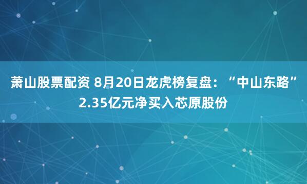 萧山股票配资 8月20日龙虎榜复盘：“中山东路”2.35亿元净买入芯原股份